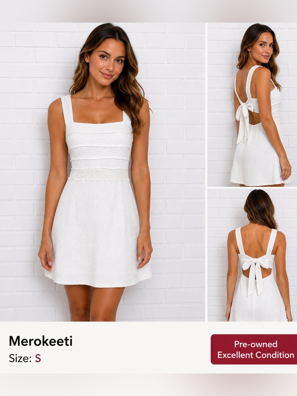 Merokeety White Textured Mini soft girl feminine coastal Dress Open Back Tie/S